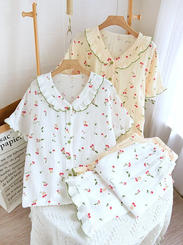 Cherry Print Color Block Cotton Cotton Pajamas Two-piece pajama sets