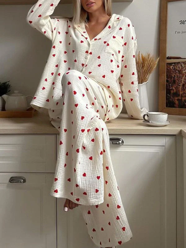 Heart Printed Long Sleeve Lounge Set Personalized pajama sets