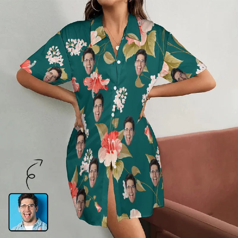 Custom Face Flowers Bloom Women's Satin Shirt Nightdress - Green Best-value pajama sets