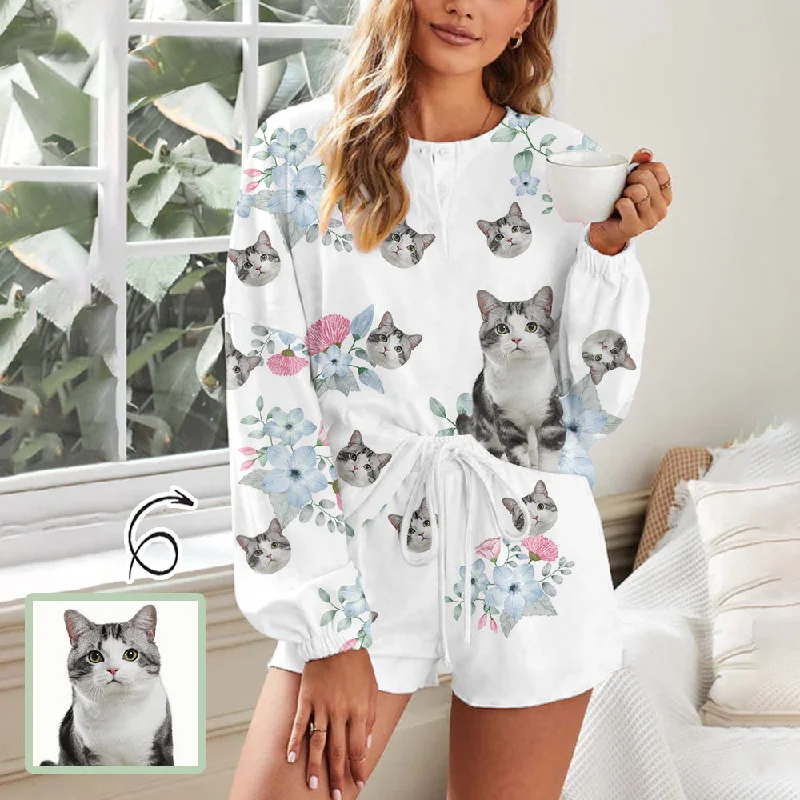 Custom Face Flowers White Women's Pajama Set Long Sleeve Top and Shorts Personalized Loungewear Tracksuits Trendy pajama sets for women