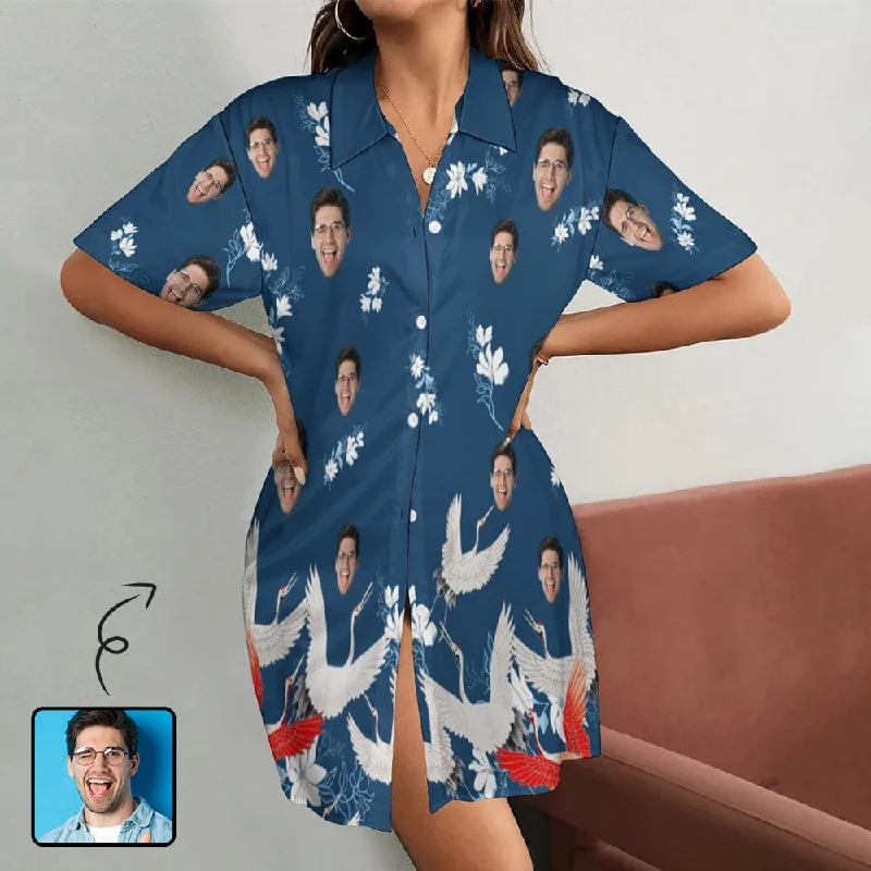 Custom Face Red-Crowned Crane Pattern Women's Satin Shirt Nightdress - Blue Macy’s pajama sets