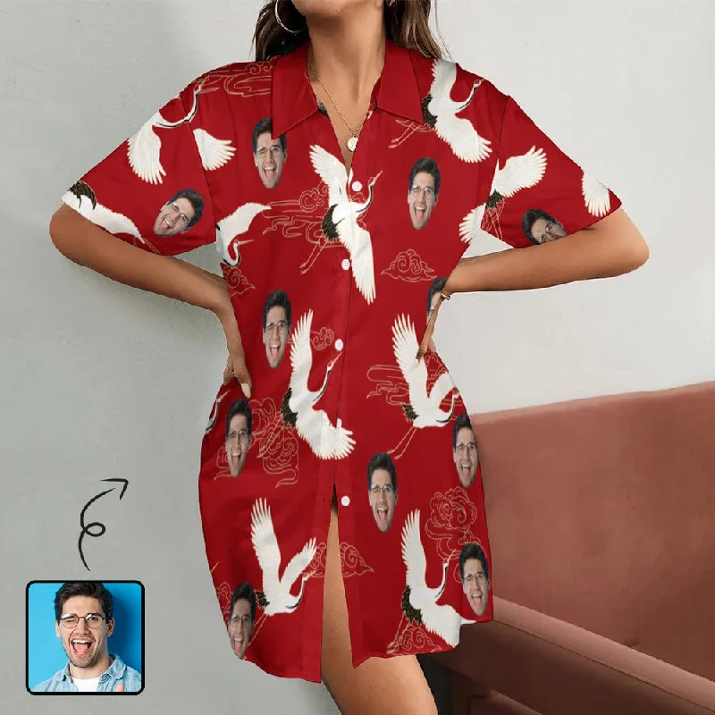 Custom Face Red-Crowned Crane Pattern Women's Satin Shirt Nightdress - Red Party pajama sets