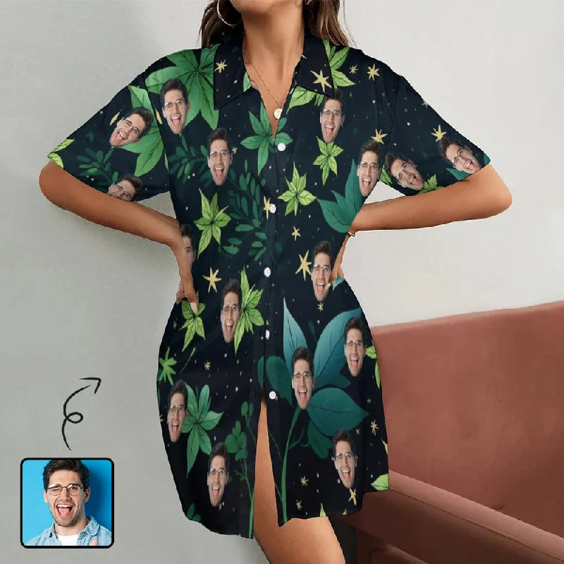 Custom Face Starry Night Green Plant Women's Satin Shirt Nightdress - Black Softest pajama sets