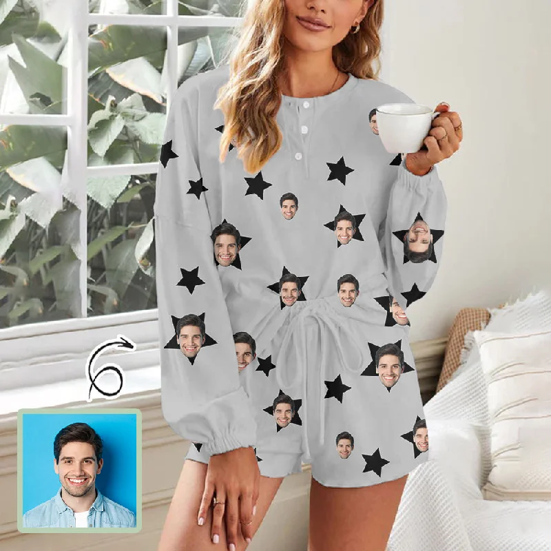 Custom Face Stars Grey Women's Pajama Set Long Sleeve Top and Shorts Personalized Loungewear Tracksuits Petite pajama sets