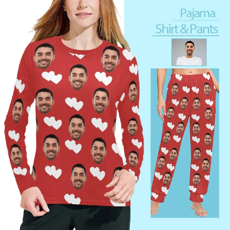 Custom Face Women's Long Pajama Shirt&Pant Personalized Heart Red Sleepwear Three-piece pajama sets