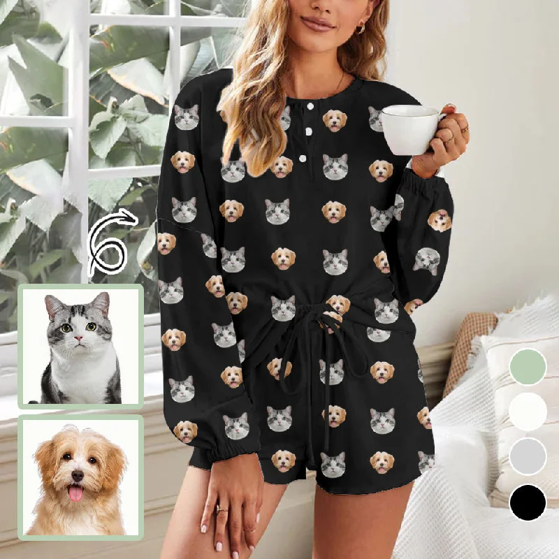 Custom Pet Face Women's Pajama Set Long Sleeve Top and Shorts Personalized Loungewear Tracksuits Best pajama sets for teens