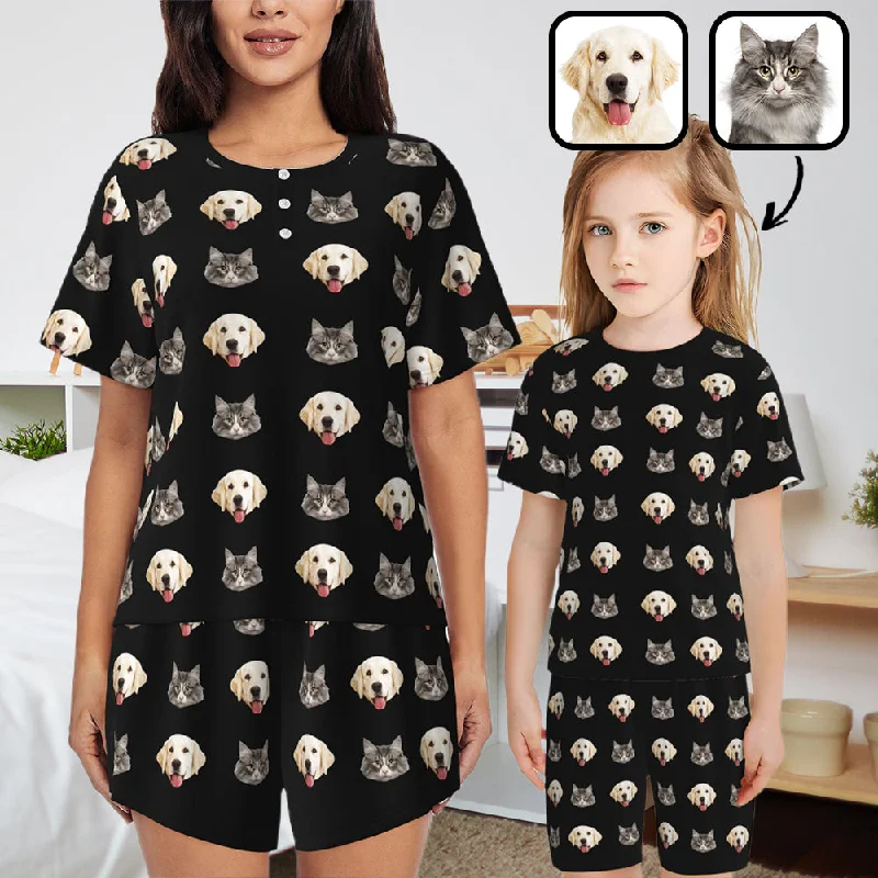 Custom Pets Face Dog and Cat Women's Casual Pajama Set with Short-sleeved Top and Drawstring Shorts Work-from-home pajama sets