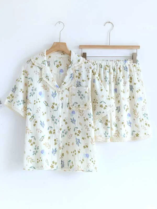 Lace Trim Floral Print Cotton Pajama Set Elegant pajama sets