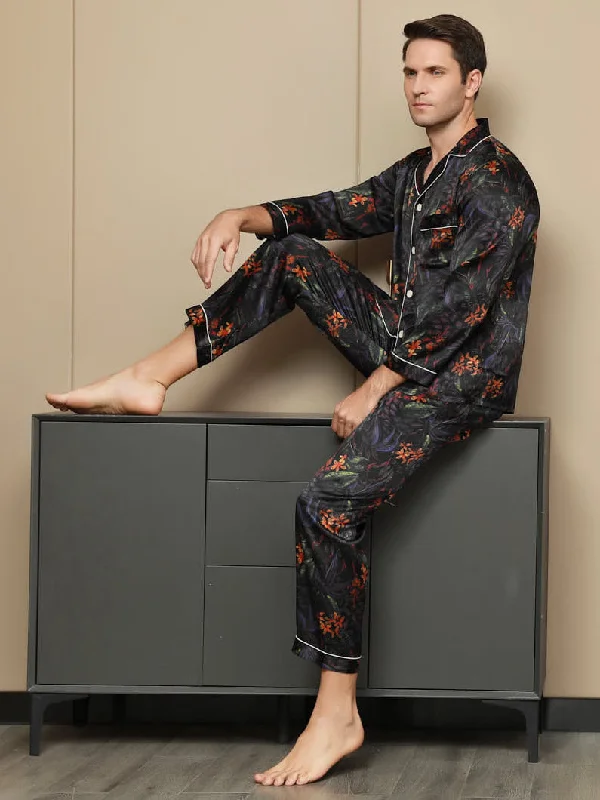 Pure Silk Men's Floral Printed Lapel Pajamas Zara pajama sets