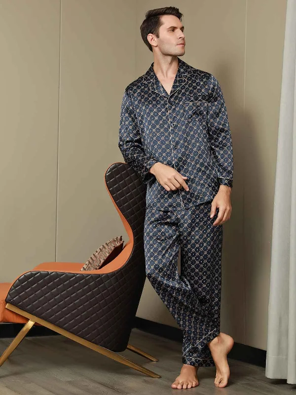 Printed Lapel Men‘s Pure Silk Pajamas Couple pajama sets