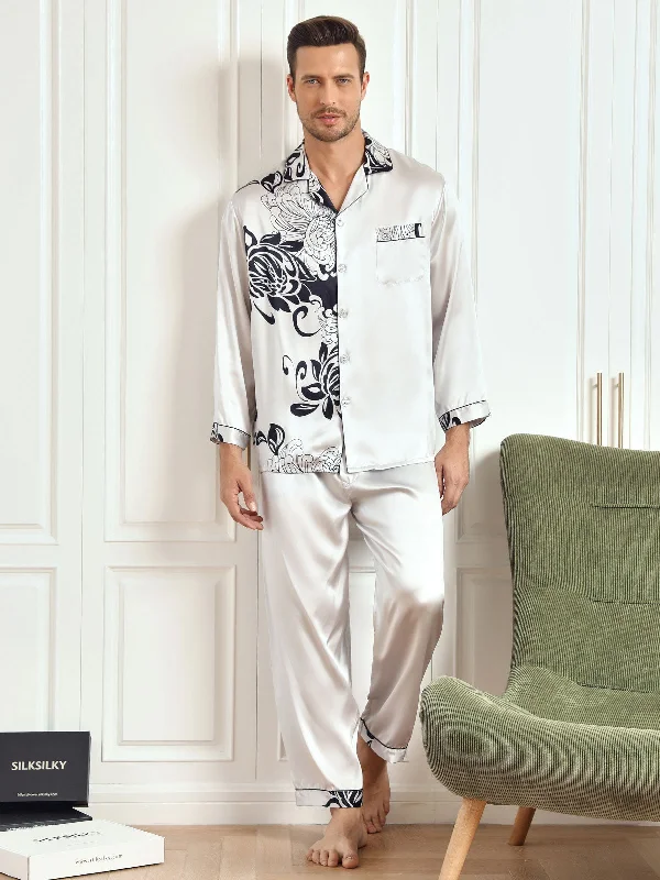 Pure Silk Men‘s Floral Printed Lapel Pajama Set Sexy pajama sets