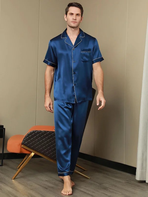 Piping Trim Men‘s Pure Silk Pajamas Loungewear pajama sets