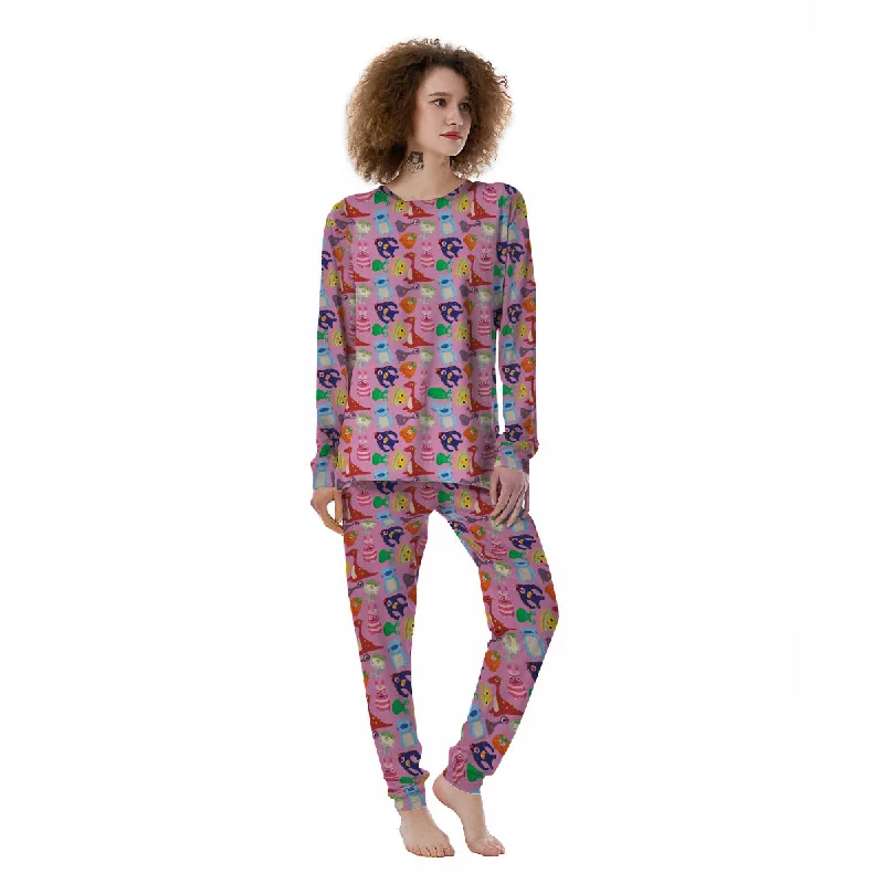 Toy Monster Cute Pink Print Pattern Women's Pajamas Warm pajama sets