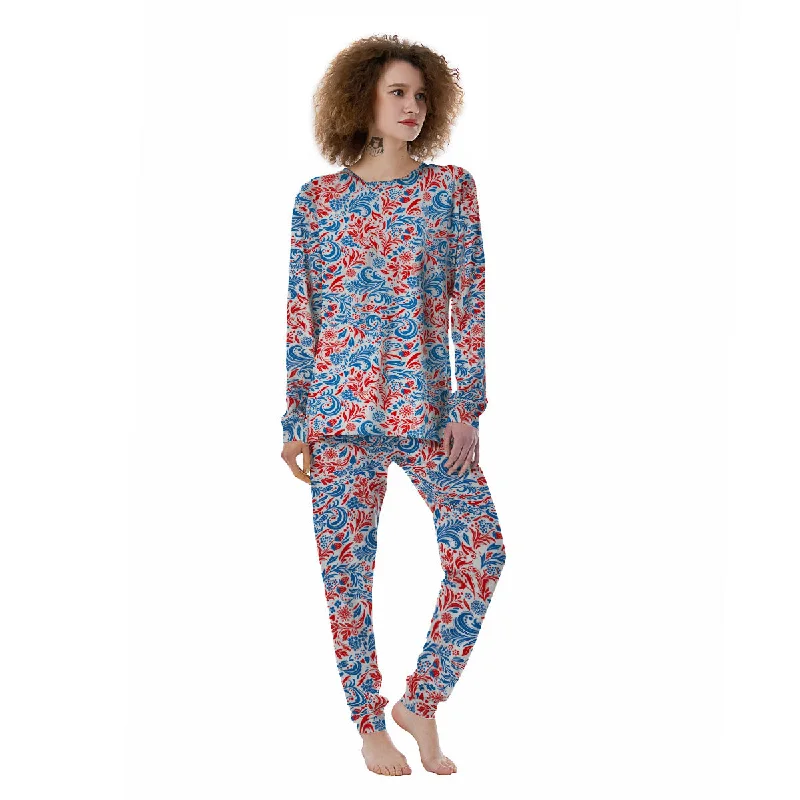 Traditional Khokhloma Red And Blue Print Pattern Women's Pajamas Best-selling pajama sets 2024