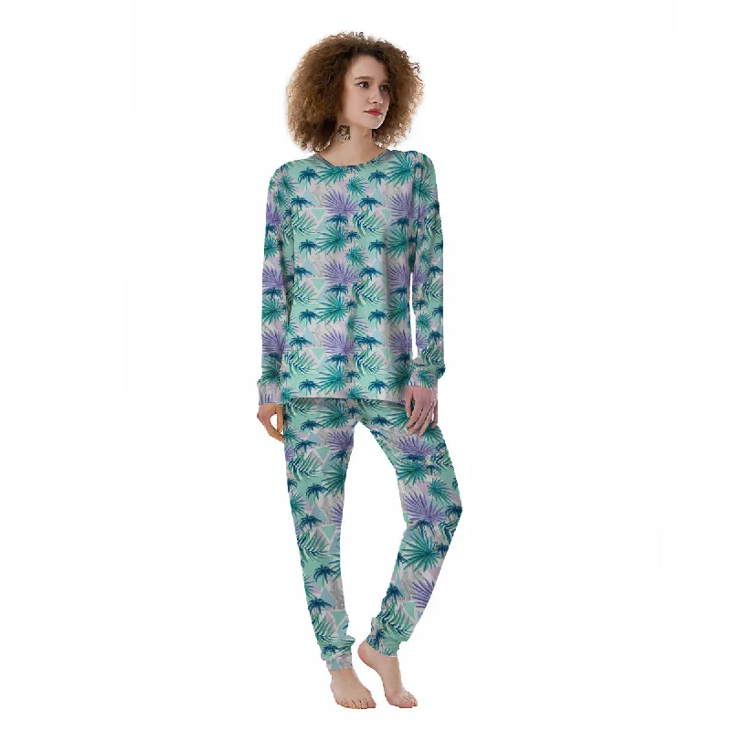 Tropical Leaf And Triangles Pastel Print Pattern Women's Pajamas Cartoon pajama sets