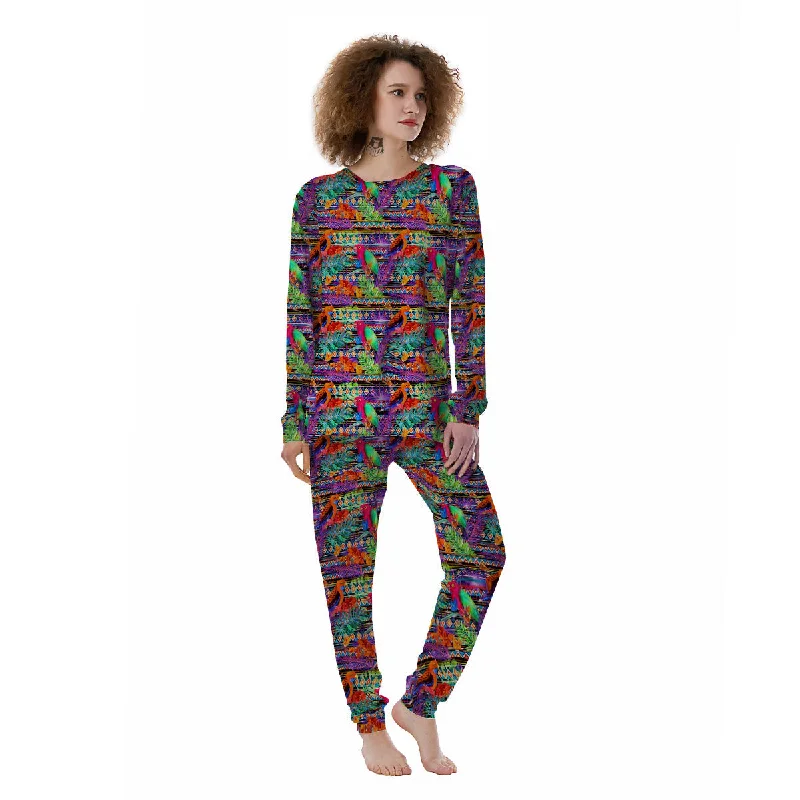 Tropical Leaves Exotic Bird Aztec Print Pattern Women's Pajamas Thermal pajama sets