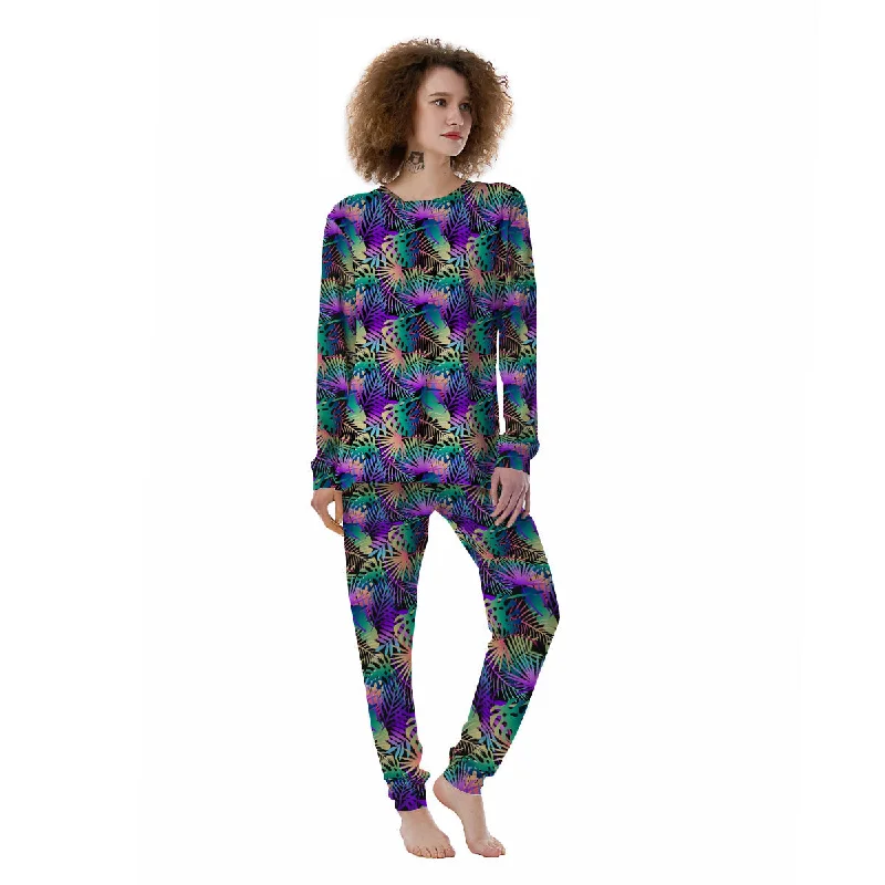 Tropical Neon Color And Palm Leaves Print Pattern Women's Pajamas Lightweight pajama sets