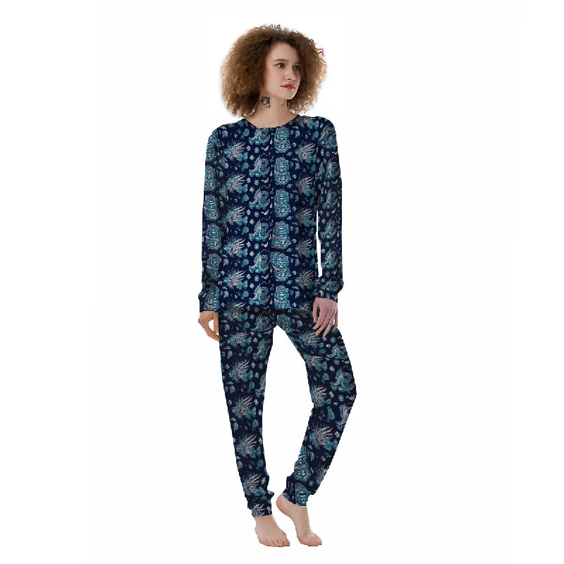 Underwater Blue Tattoo Print Pattern Women's Pajamas Best-value pajama sets