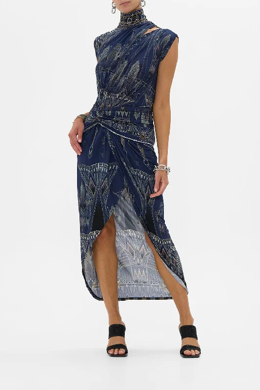 GATHERED COLUMN JERSEY DRESS THE EGYPT EFFECT Sleeveless Satin Gown