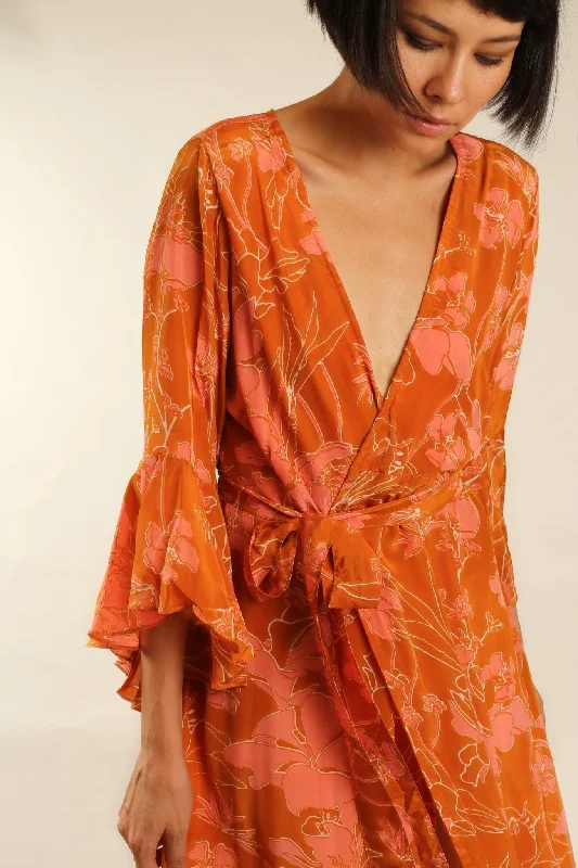 ORANGE FLOWER SILK WRAP DRESS Sleeveless Bridal Gown