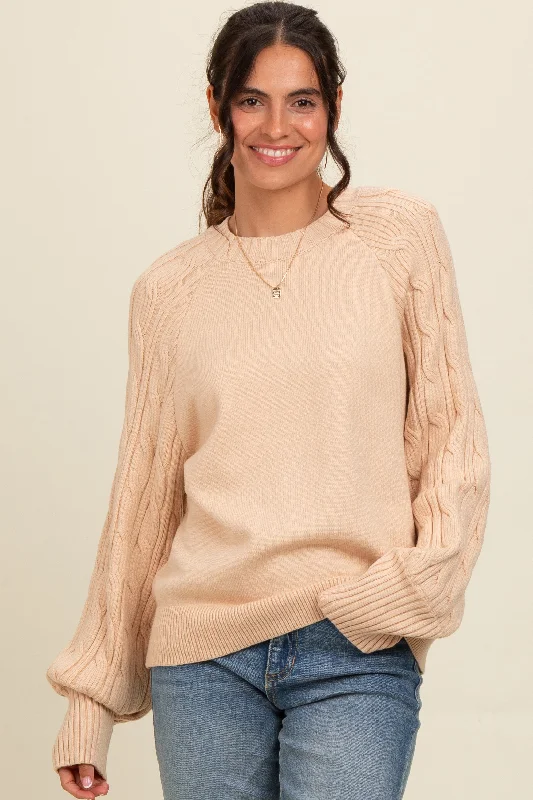 Beige Contrast Cable Knit Sleeve Sweater Comfortable sweaters for all seasons