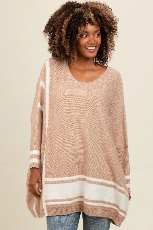 Beige Mixed Stripe Dolman Sleeve Sweater Anti-pilling sweaters