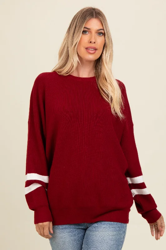 Burgundy Striped Sleeve Relaxed Fit Sweater Turtleneck sweaters