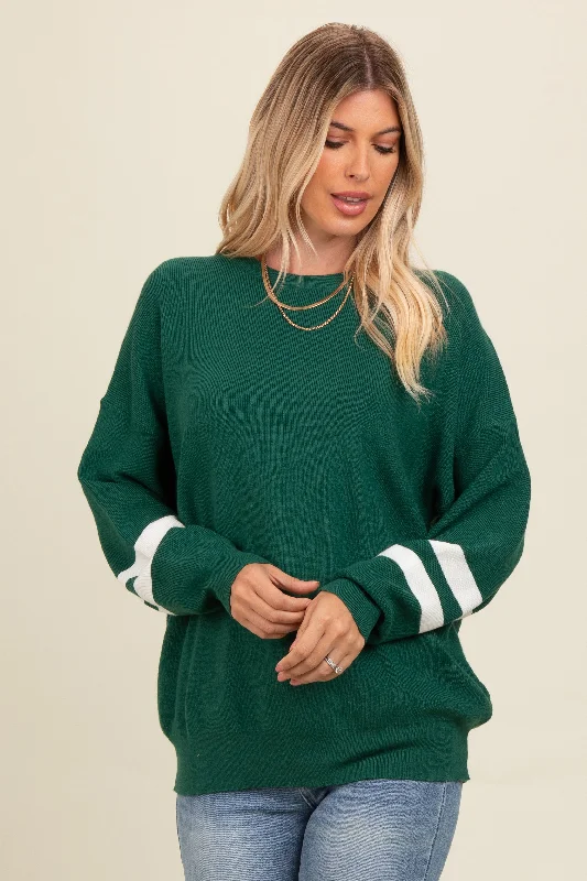 Forest Green Striped Sleeve Relaxed Fit Sweater Best sweaters for layering