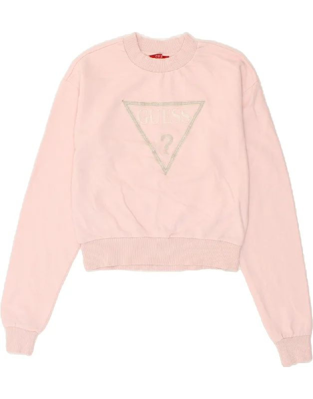 GUESS Womens Crop Graphic Sweatshirt Jumper UK 10 Small Pink Fall sweaters