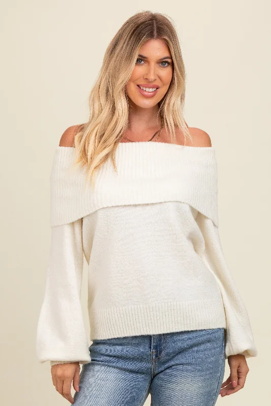 Ivory Off Shoulder Foldover Sweater Best sweaters for layering