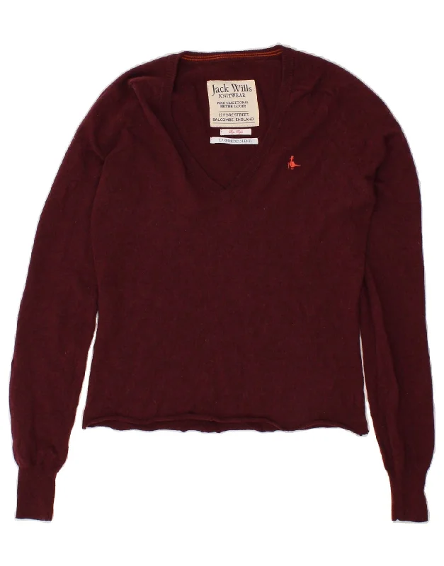 JACK WILLS Womens V-Neck Jumper Sweater UK 8 Small Burgundy Flecked Travel-friendly sweaters