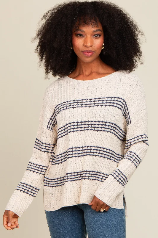 Navy Blue Striped Waffle Knit Sweater Designer sweaters