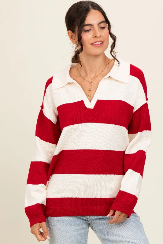 Red Wide Stripe Polo Sweater Thermal sweaters