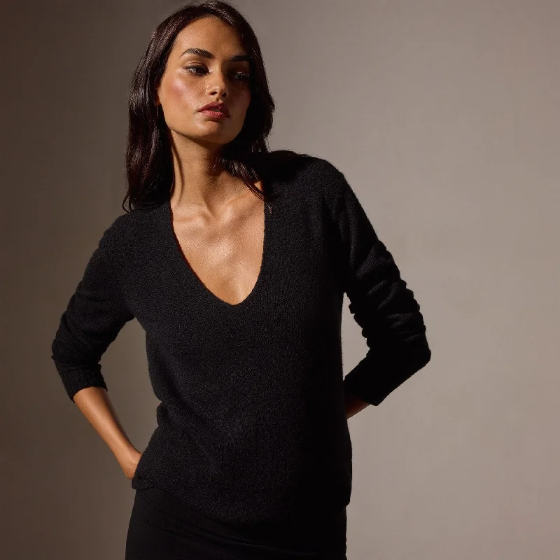 Soft Featherweight Cashmere Deep V Sweater - Black Affordable sweaters