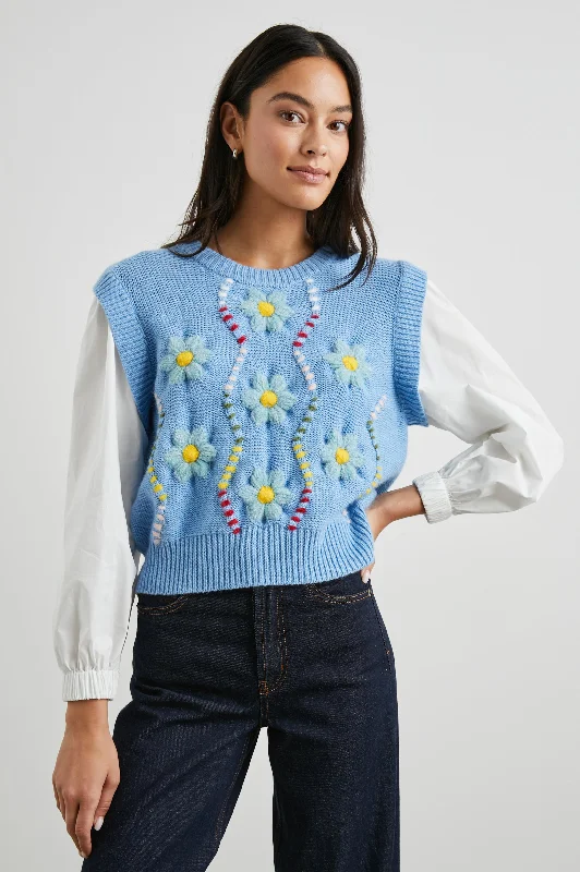 TESS SWEATER - BLUE CABLE DAISIES Moisture-wicking sweaters