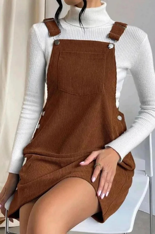 Button Strap Corduroy Dress Lace mini dresses