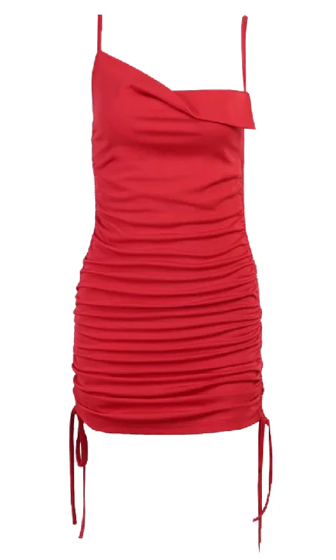 Hot Lips Sleeveless Spaghetti Strap Draped Neck Drawstring Ruched Bodycon Mini Dress Ruffled mini dresses