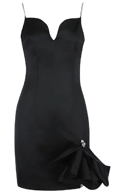 Just A Mystery Black Rhinestone Sleeveless Spaghetti Strap V Neck Bow Bodycon Mini Dress Halter mini dresses