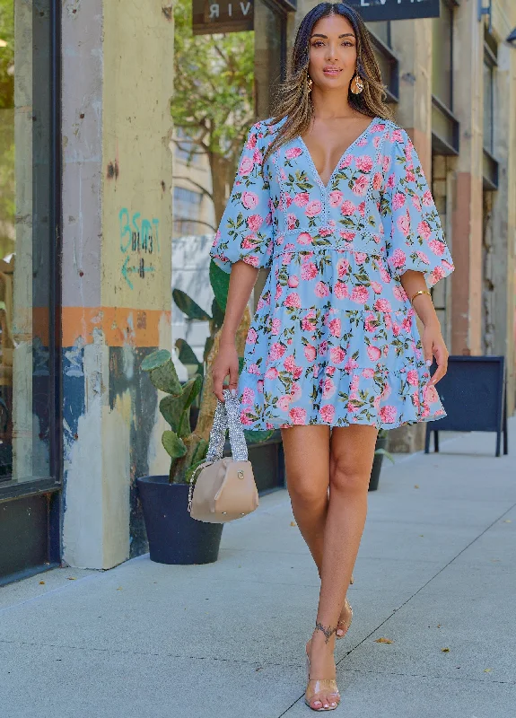 Puff Sleeve Floral Print Sleeve Silk mini dresses