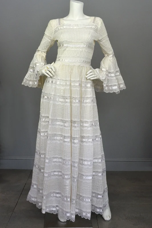 1970s Vintage Mexican Wedding Dress with Bell Sleeves and Lace Modern Wedding Gown