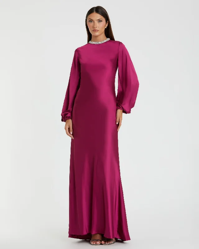 Beaded High Neck Bishop Sleeve Satin Gown Elegant A-line Gown