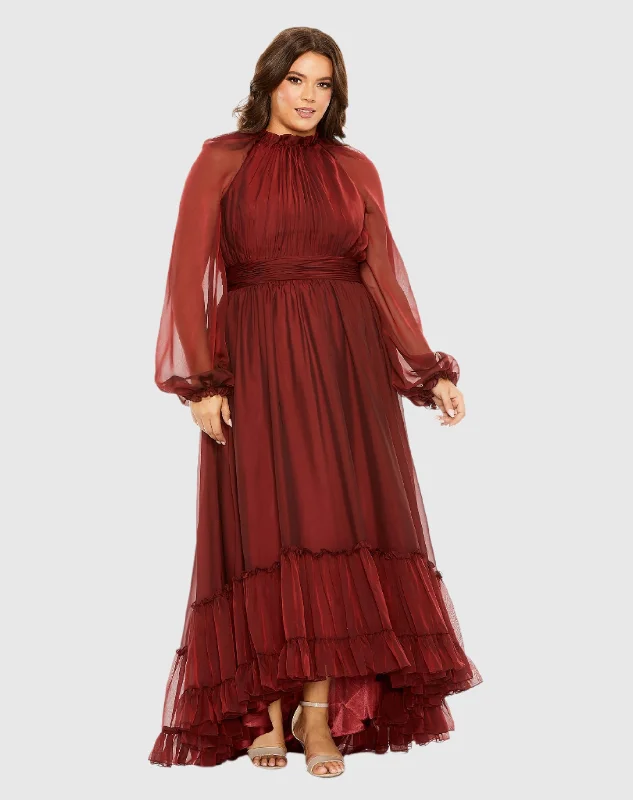 Puff Sleeve w/ Embellished Cuff High Neck A Line Gown Chic Lace Dress