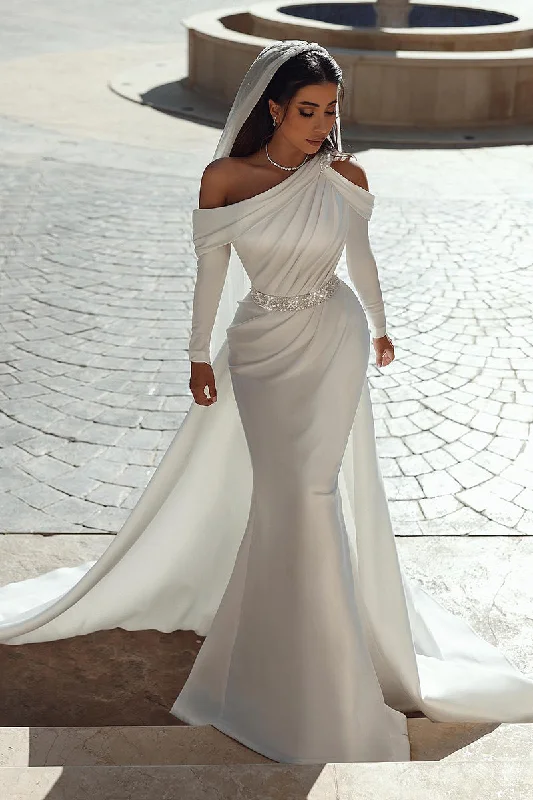 Unique One Shoulder Long Sleeves Satin Mermaid Wedding Dress QW0923 Sleek Wedding Dress