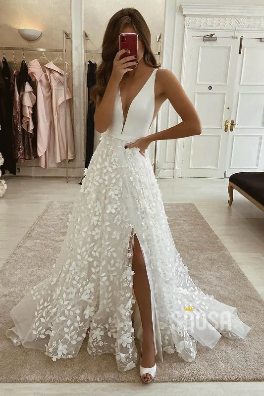 A-line V-neck Exquisite Lace Bohemian Wedding Dress Bridal Gowns QW2096 Floral Bridal Gown