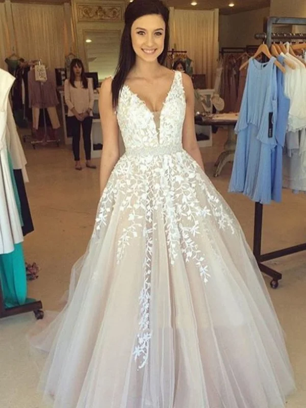 A Line V Neck Lace Wedding Dresses, Lace Prom Dresses, Formal Dresses Modern Lace Gown