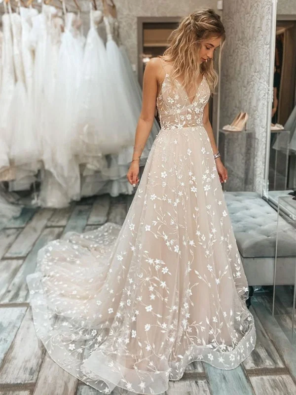 A Line V Neck Light Champagne Lace Floral Long Prom Dresses, Champagne Lace Formal Graduation Evening Dresses SP2163 Lace A-line Dress