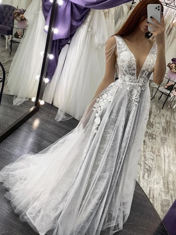 A Line V Neck Open Back Beaded Ivory Lace Long Prom Dresses with Gray Lining, Ivory Lace Wedding Dresses, Ivory Formal Evening Dresses Simple Wedding Gown