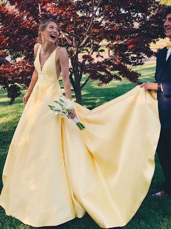 A Line V Neck Yellow Satin Long Prom Dresses, V Neck Backless Yellow Wedding Dresses, Formal Dresses Boho Wedding Gown