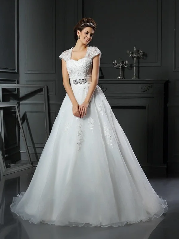 Ball Gown Square Beading Sleeveless Long Organza Wedding Dresses Luxury Lace Gown