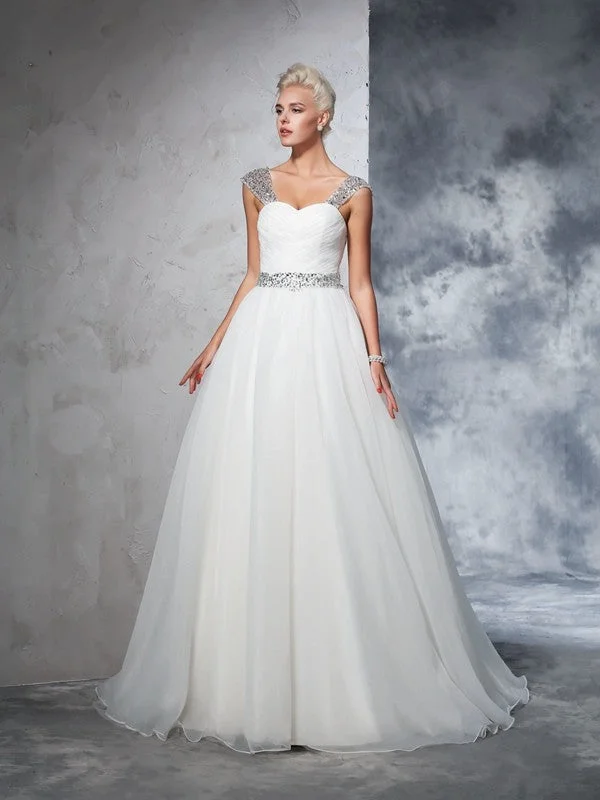 Ball Gown Straps Ruched Sleeveless Long Net Wedding Dresses Short Wedding Gown